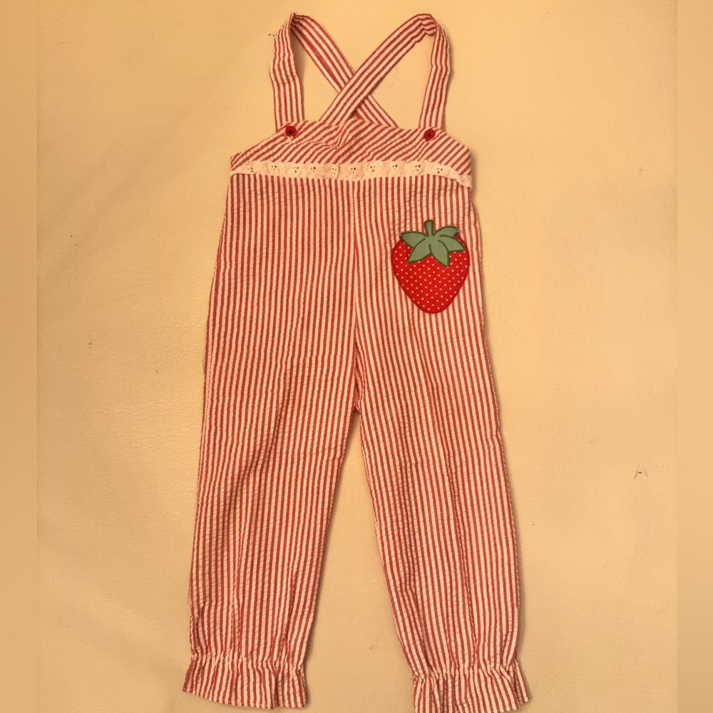 Vintage Kids Red Striped Romper with Strawberry Pocket